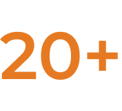 Icon with the text "20+" in orange, representing over 20 years' experience.
