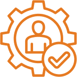 Icon of an expert in a cogwheel with a tick, symbolizing support and personalized listening.